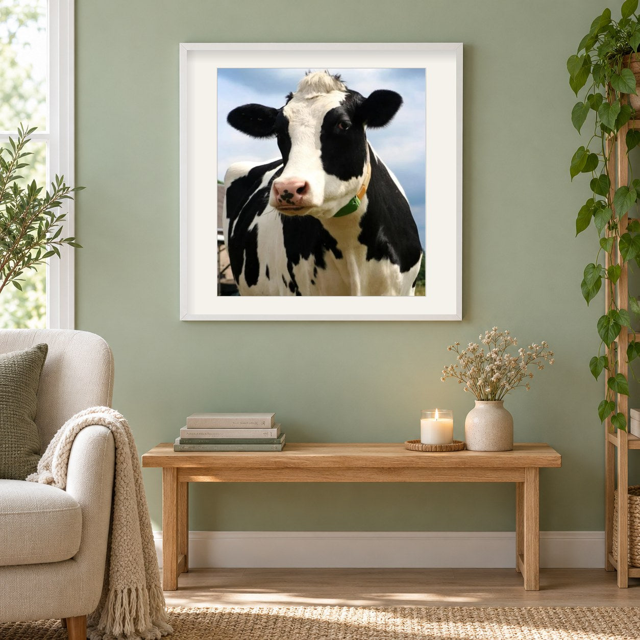 Schwarzweiße Kuh als gerahmtes Diamond Painting im Wohnzimmer