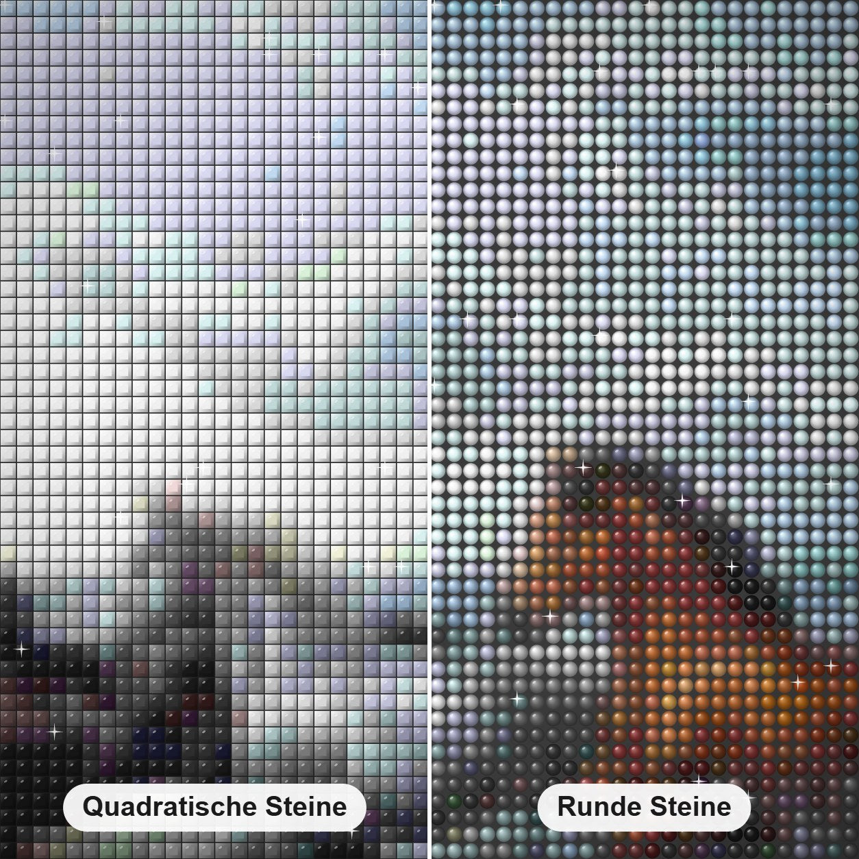 Schwarze, graue und braune Pferde Diamond Painting Nahaufnahme mit quadratischen und runden Steinen