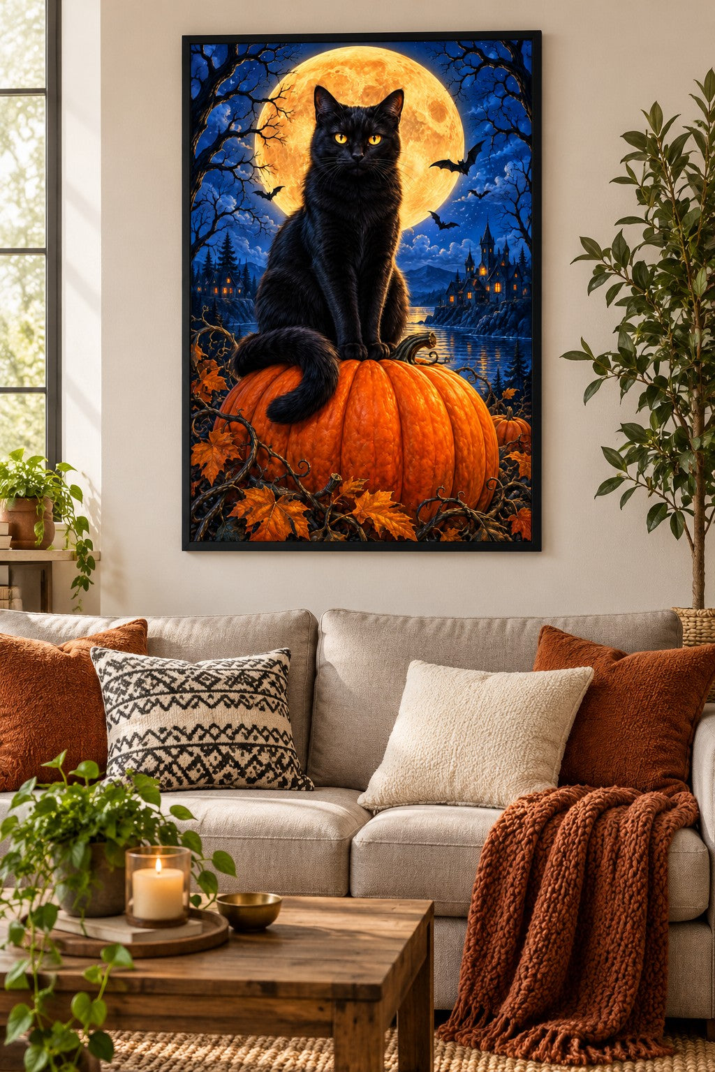 Schwarze Katze auf Kürbis im Vollmond Diamond Painting als gerahmtes Diamond Painting im Wohnzimmer