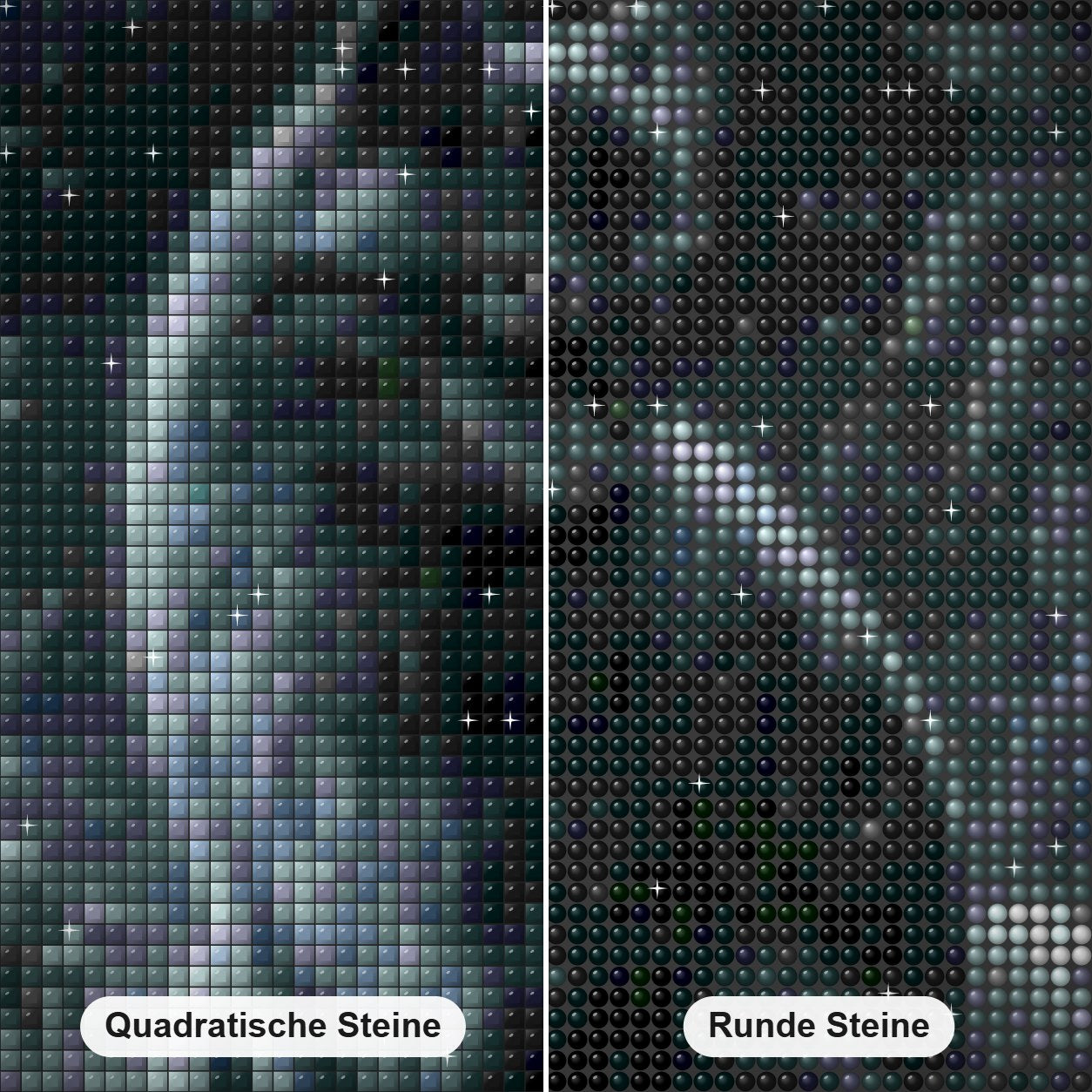 Schwarze Katze in der Nacht Diamond Painting Nahaufnahme mit quadratischen und runden Steinen