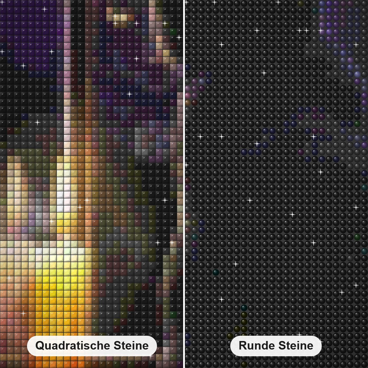 Schwarze Katze und Kerze im Fenster Diamond Painting Nahaufnahme mit quadratischen und runden Steinen