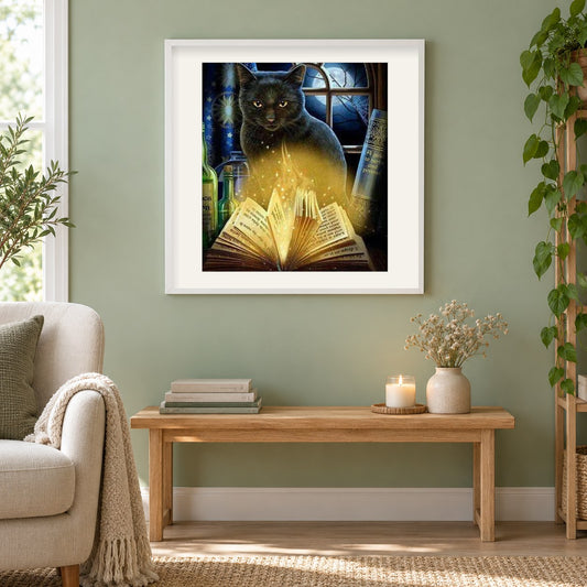 Schwarze Katze & Zauberbuch als gerahmtes Diamond Painting im Wohnzimmer