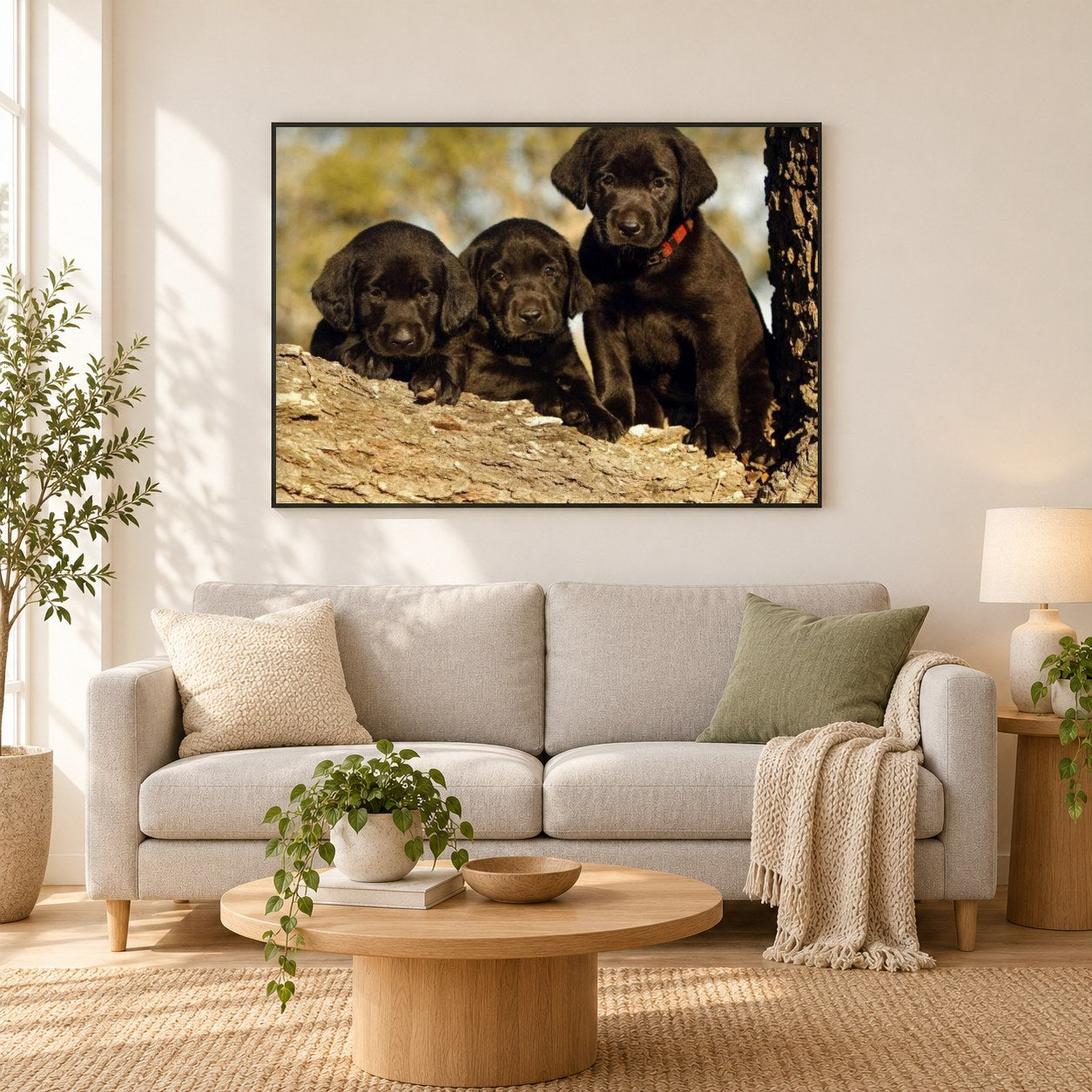 Schwarze Labrador Retriever Welpen als gerahmtes Diamond Painting im Wohnzimmer