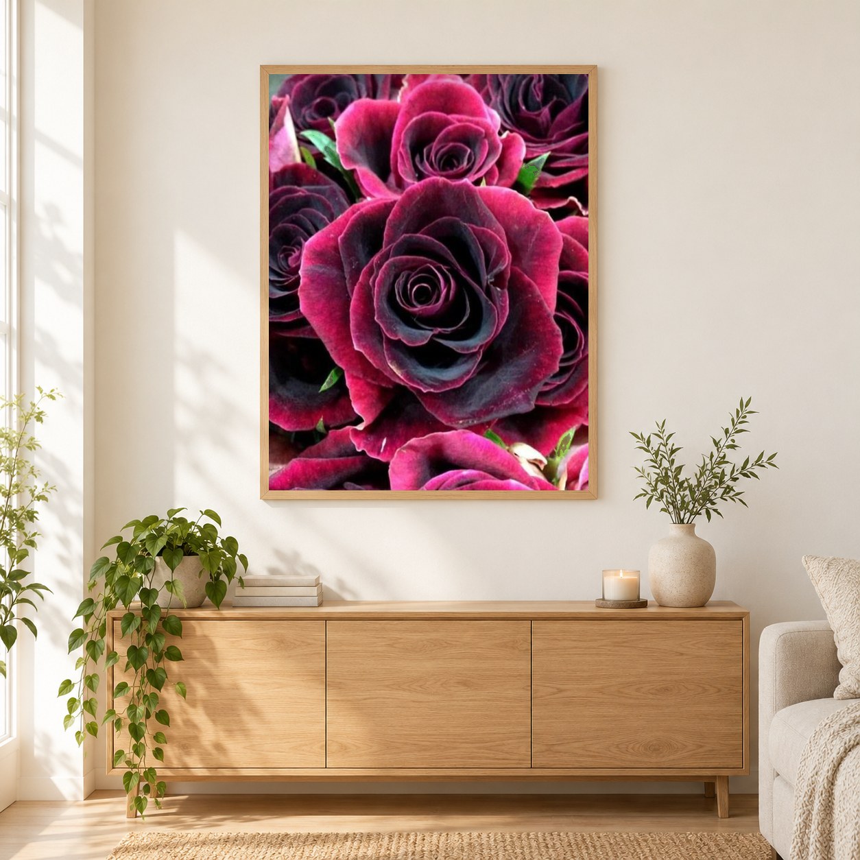 Schwarze Schönheit stieg auf als gerahmtes Diamond Painting im Wohnzimmer
