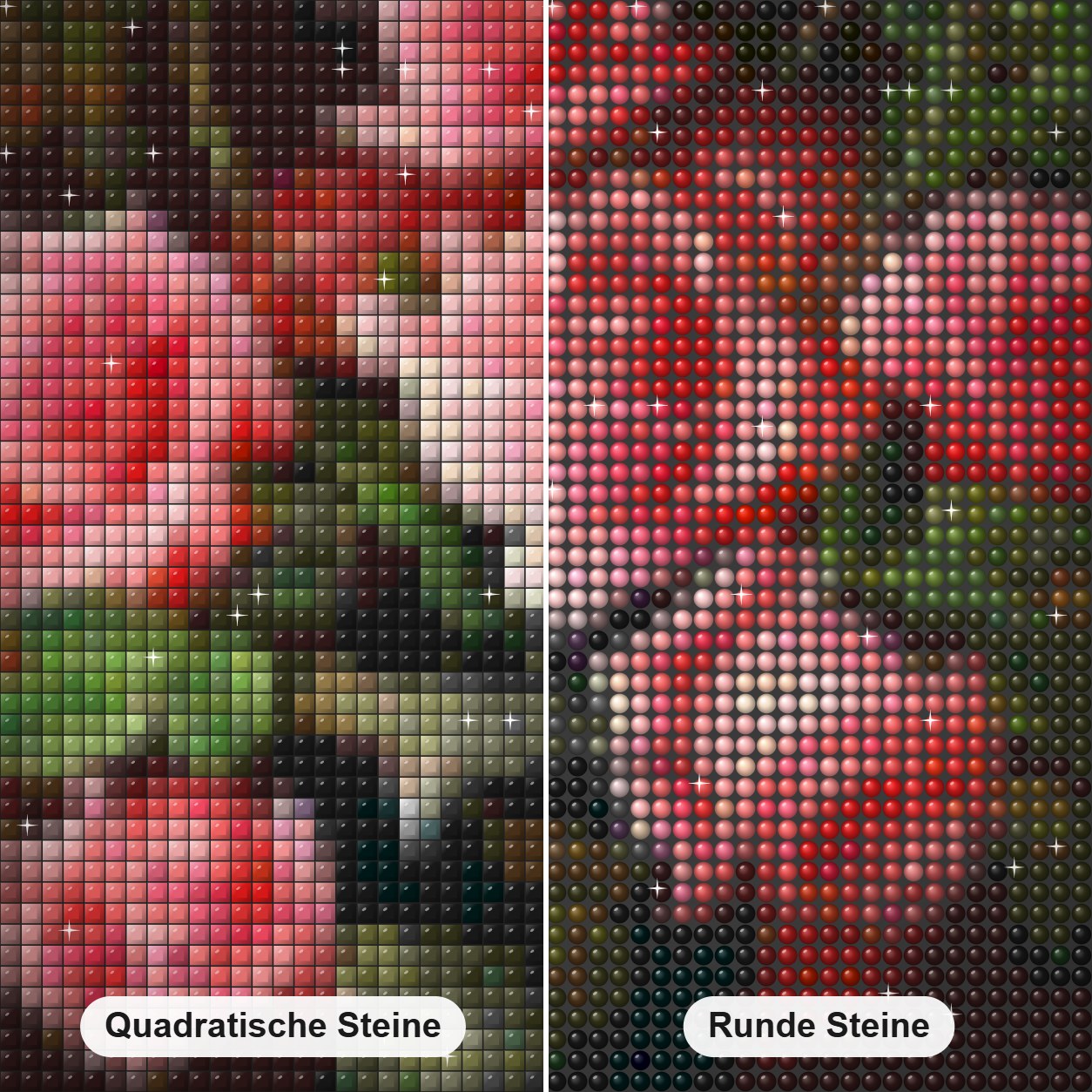 Schwarze Vase & rosa Rosen Diamond Painting Nahaufnahme mit quadratischen und runden Steinen