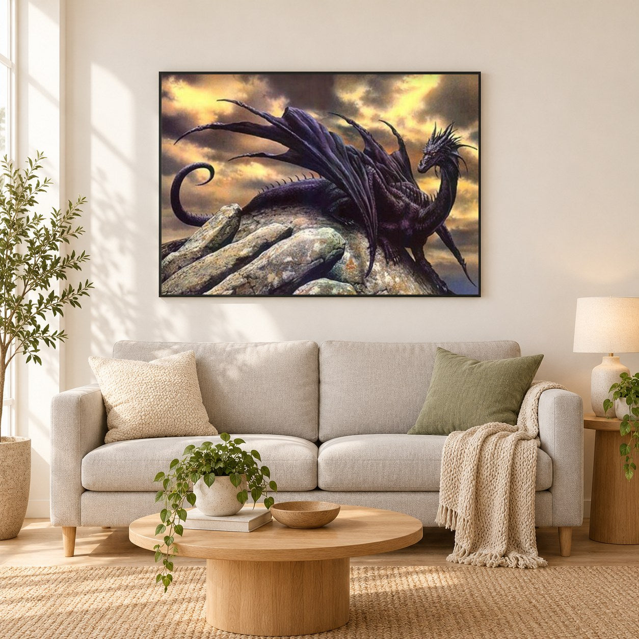Schwarzer Drache auf dem Felsen als gerahmtes Diamond Painting im Wohnzimmer