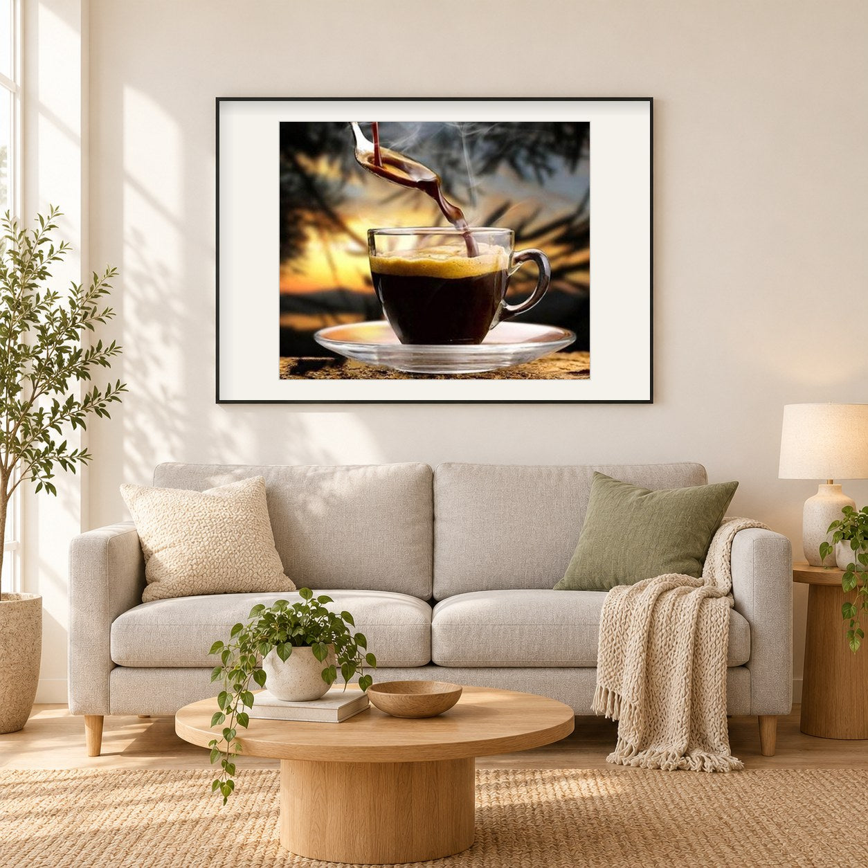 Schwarzer Kaffee als gerahmtes Diamond Painting im Wohnzimmer