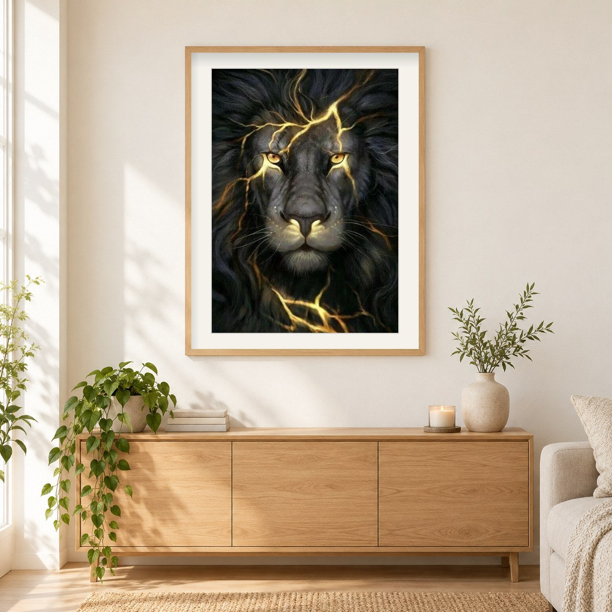 Schwarzer Löwe Kunst als gerahmtes Diamond Painting im Wohnzimmer