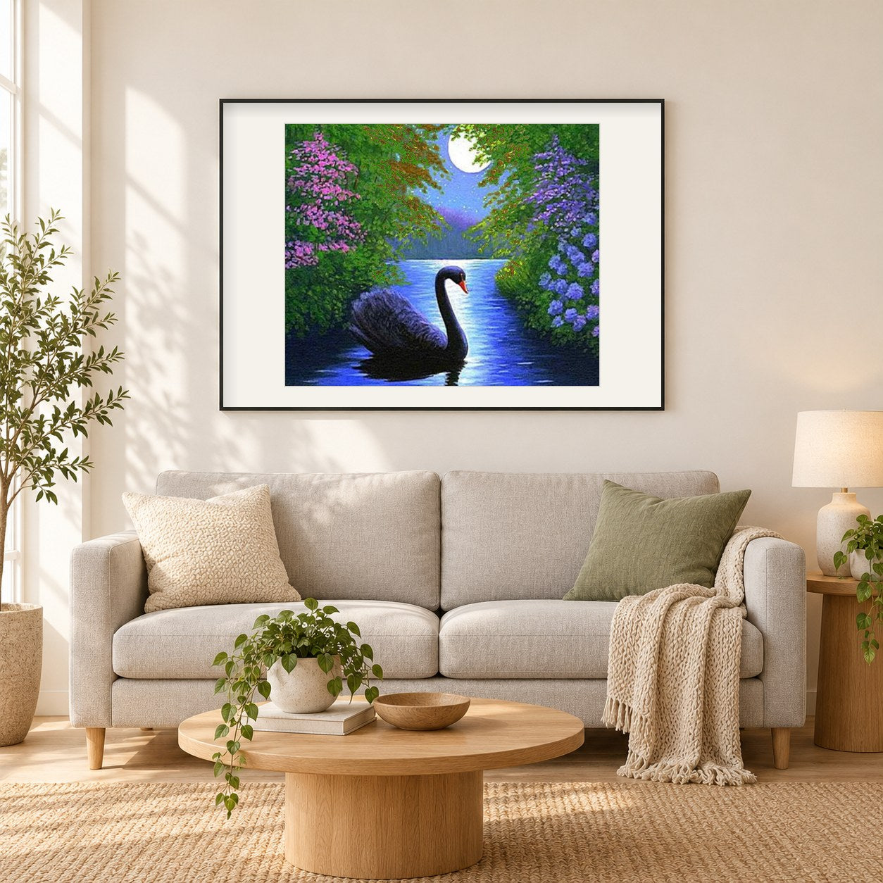 Schwarzer Schwan im Wasser als gerahmtes Diamond Painting im Wohnzimmer