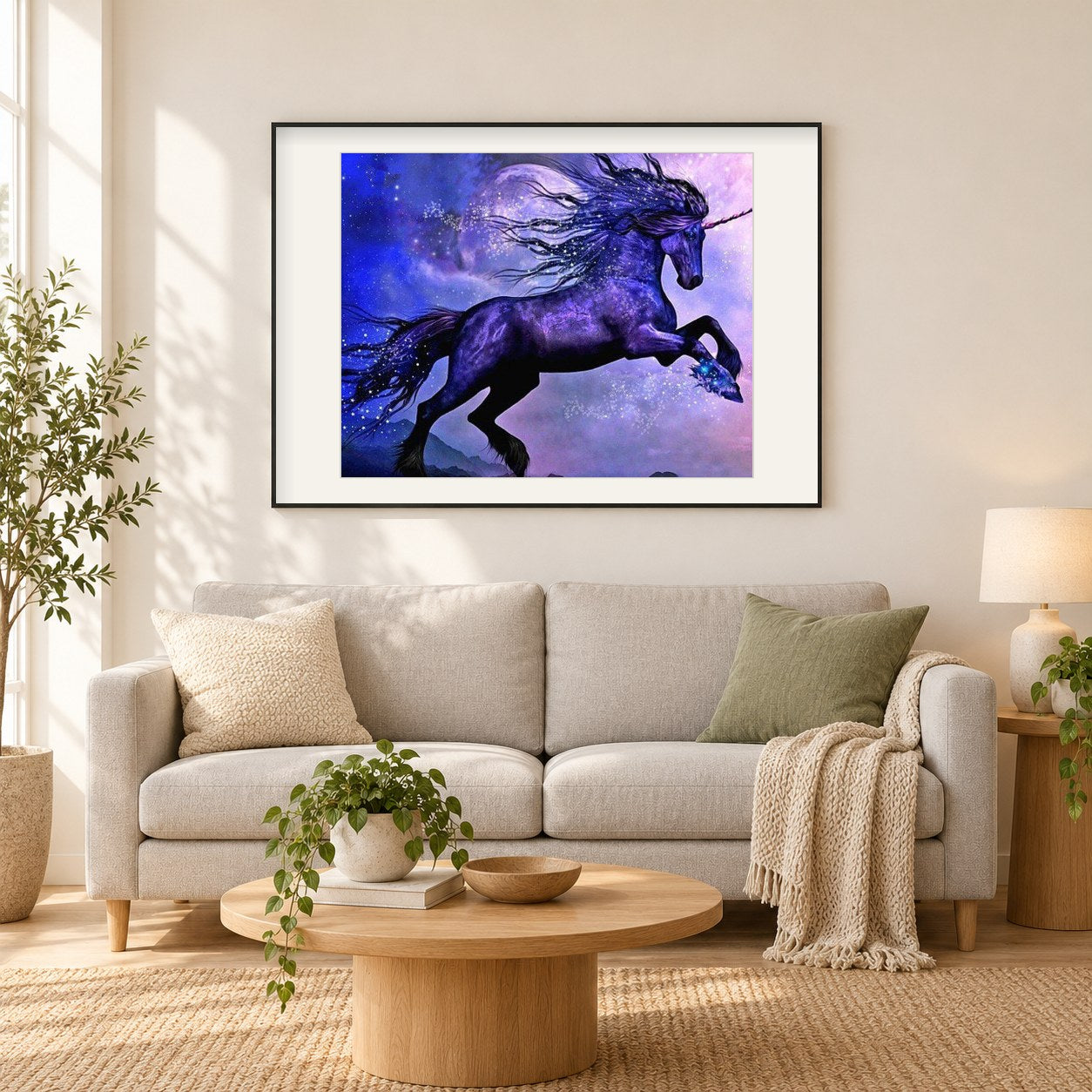 Schwarzes Einhorn als gerahmtes Diamond Painting im Wohnzimmer