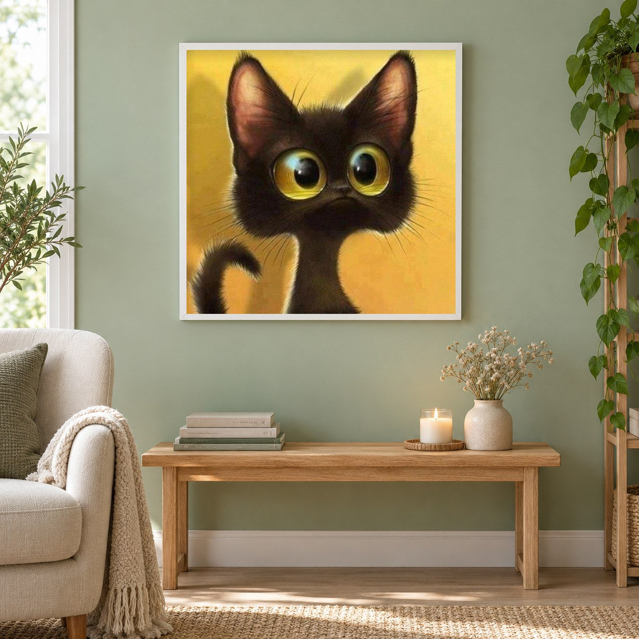 Schwarzes Kätzchen als gerahmtes Diamond Painting im Wohnzimmer