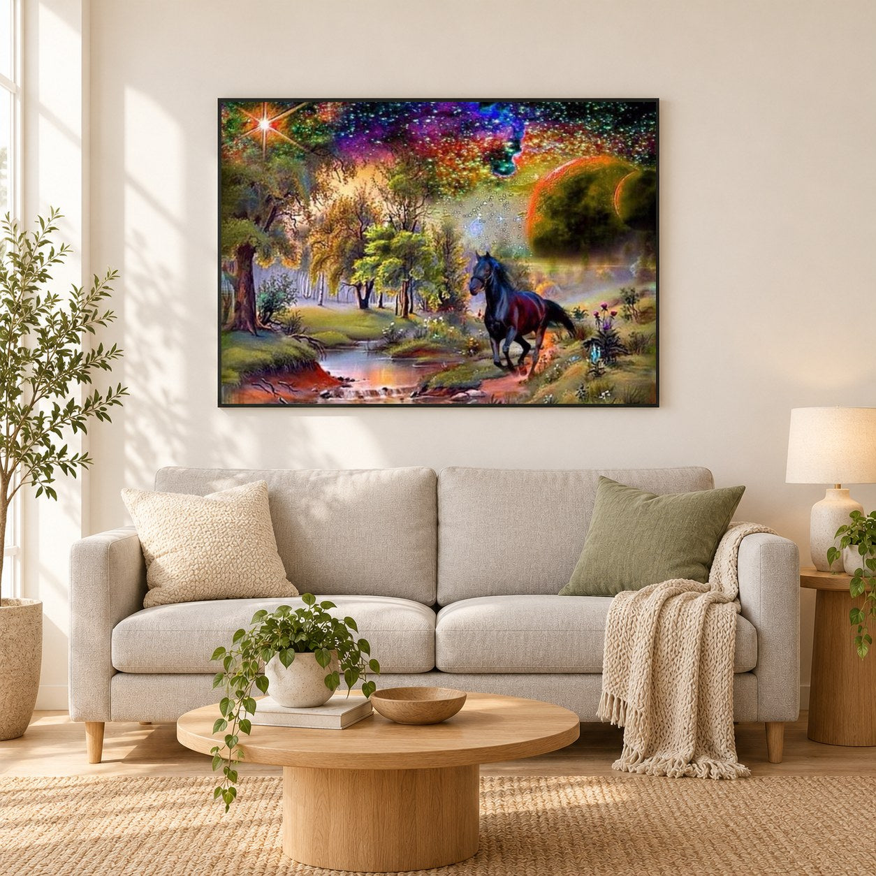 Schwarzes Pferd & landschaftliche Schönheit als gerahmtes Diamond Painting im Wohnzimmer