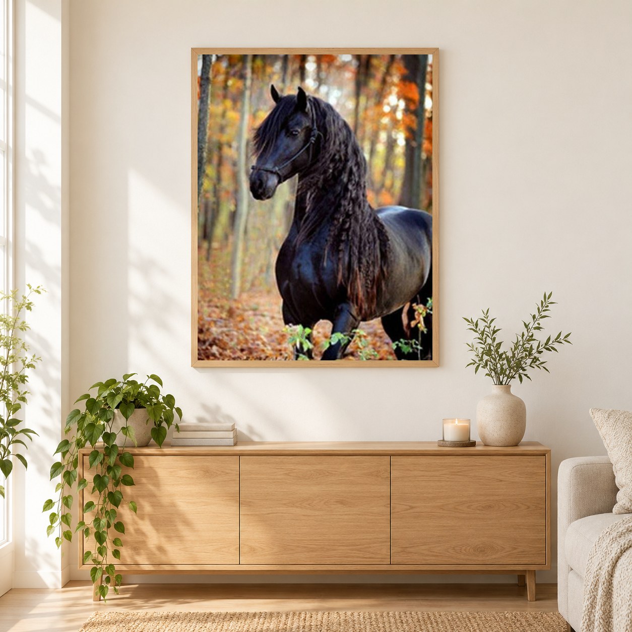 Schwarzes Pferd mit langen Haaren als gerahmtes Diamond Painting im Wohnzimmer