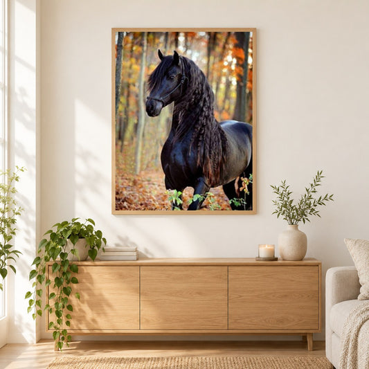 Schwarzes Pferd mit langen Haaren als gerahmtes Diamond Painting im Wohnzimmer