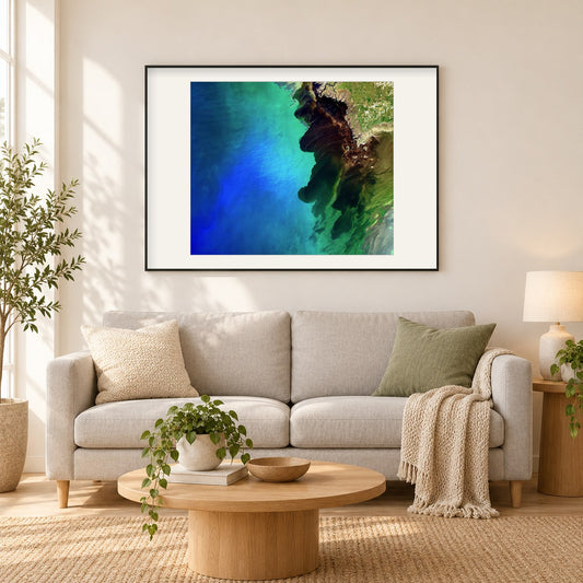 Schwarzwasserfluss Suwannee trifft auf das Meer als gerahmtes Diamond Painting im Wohnzimmer