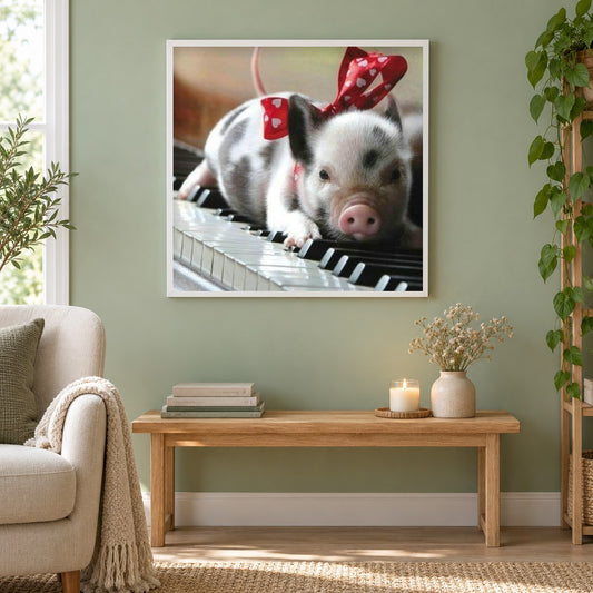 Schwein auf Klavier Tisch als gerahmtes Diamond Painting im Wohnzimmer