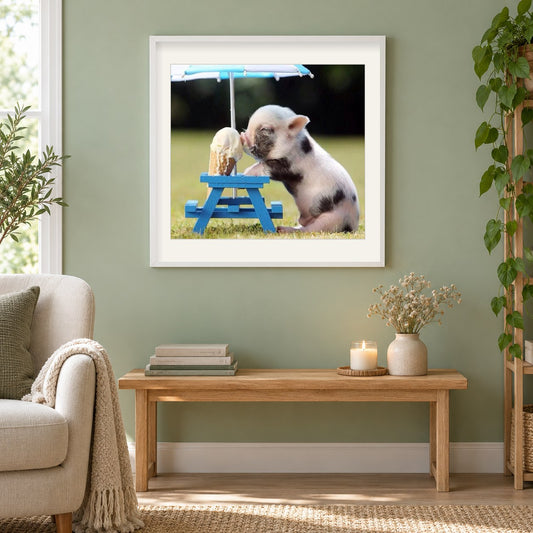 Schwein leckt Eistüte als gerahmtes Diamond Painting im Wohnzimmer