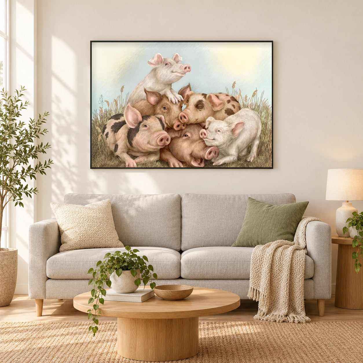 Schweinefamilie als gerahmtes Diamond Painting im Wohnzimmer