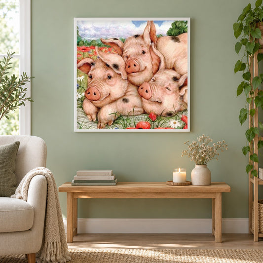 Schweinefamilie als gerahmtes Diamond Painting im Wohnzimmer