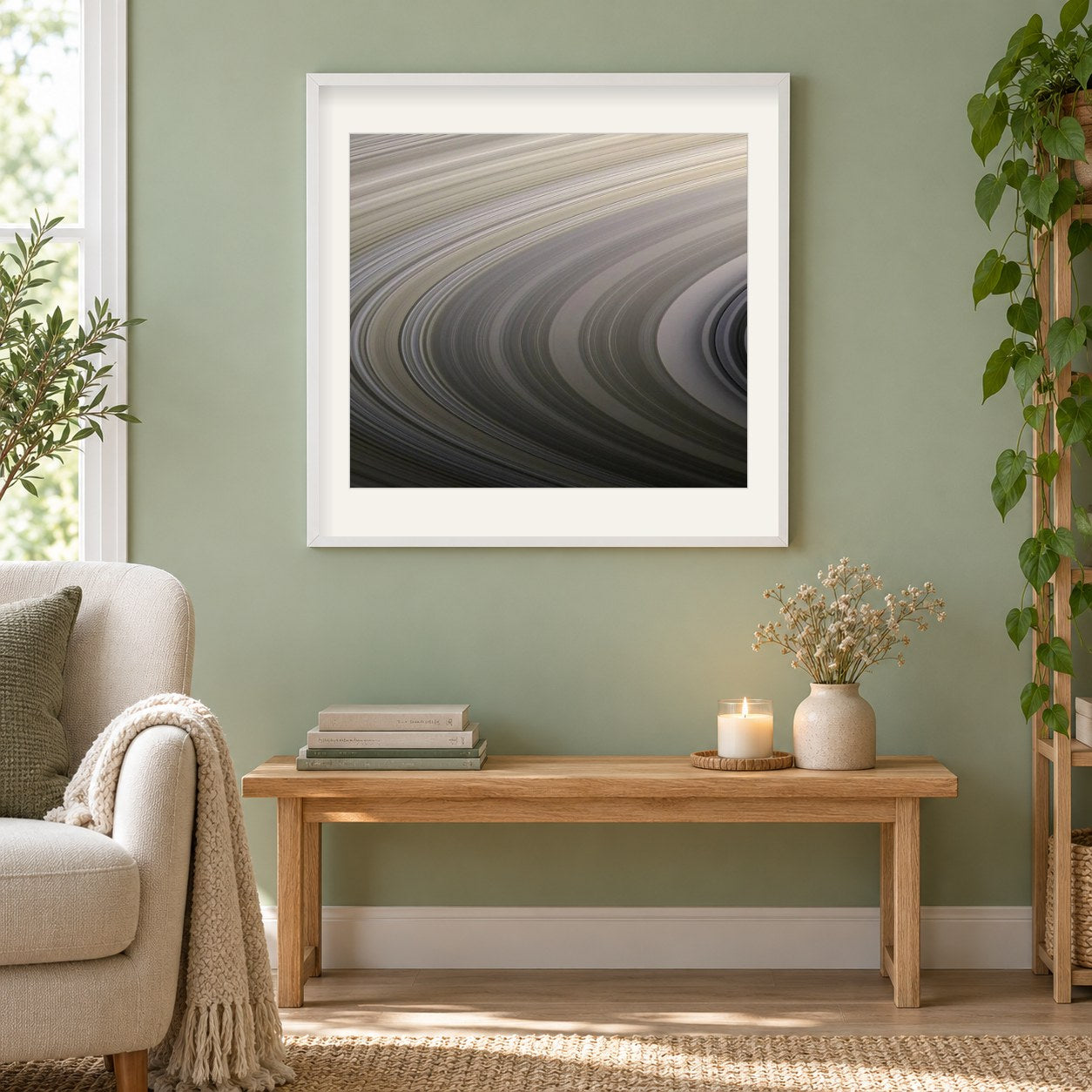 Schwerkraft Regenbogen als gerahmtes Diamond Painting im Wohnzimmer
