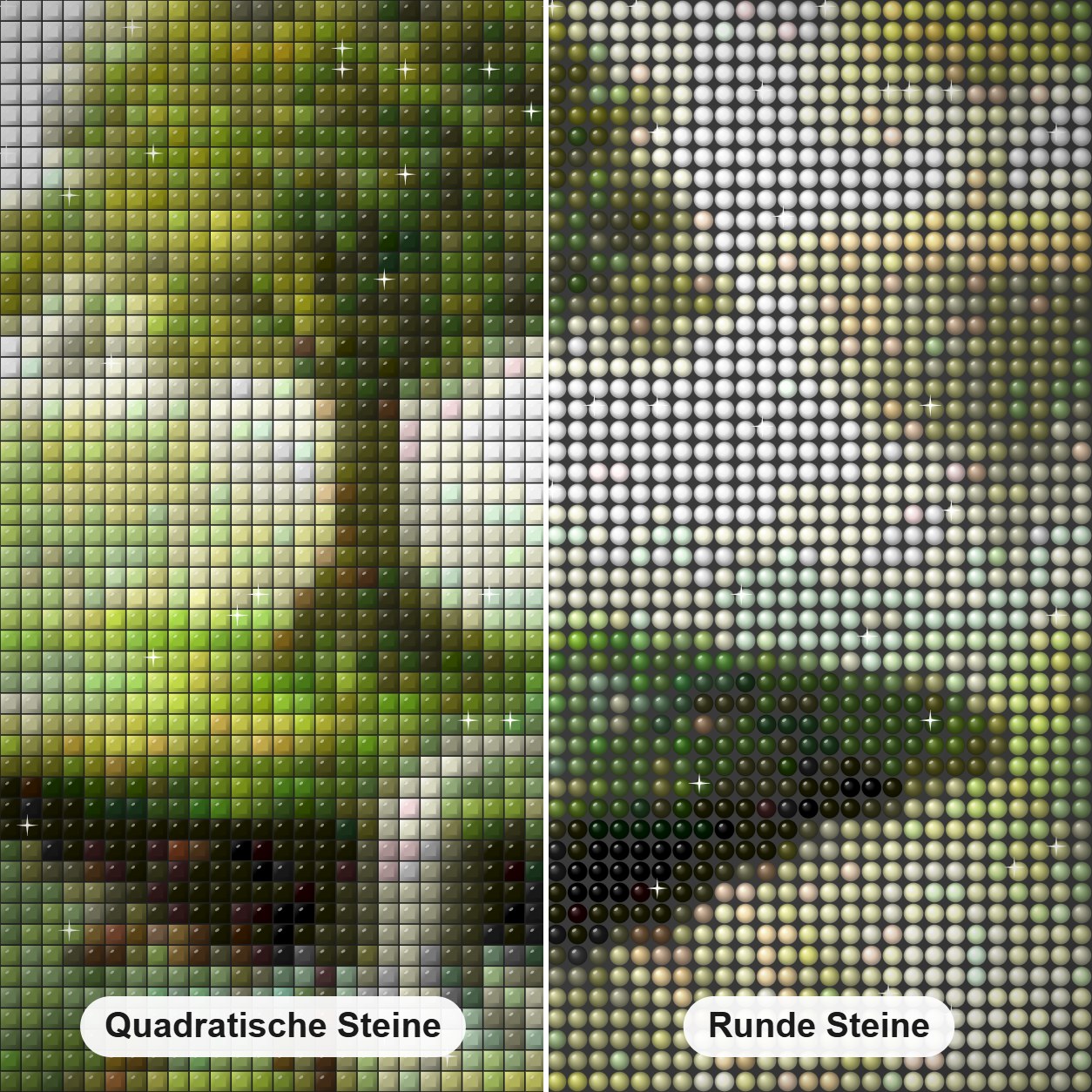 Schwimmende Insel Diamond Painting Nahaufnahme mit quadratischen und runden Steinen
