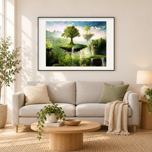 Schwimmende Insel als gerahmtes Diamond Painting im Wohnzimmer