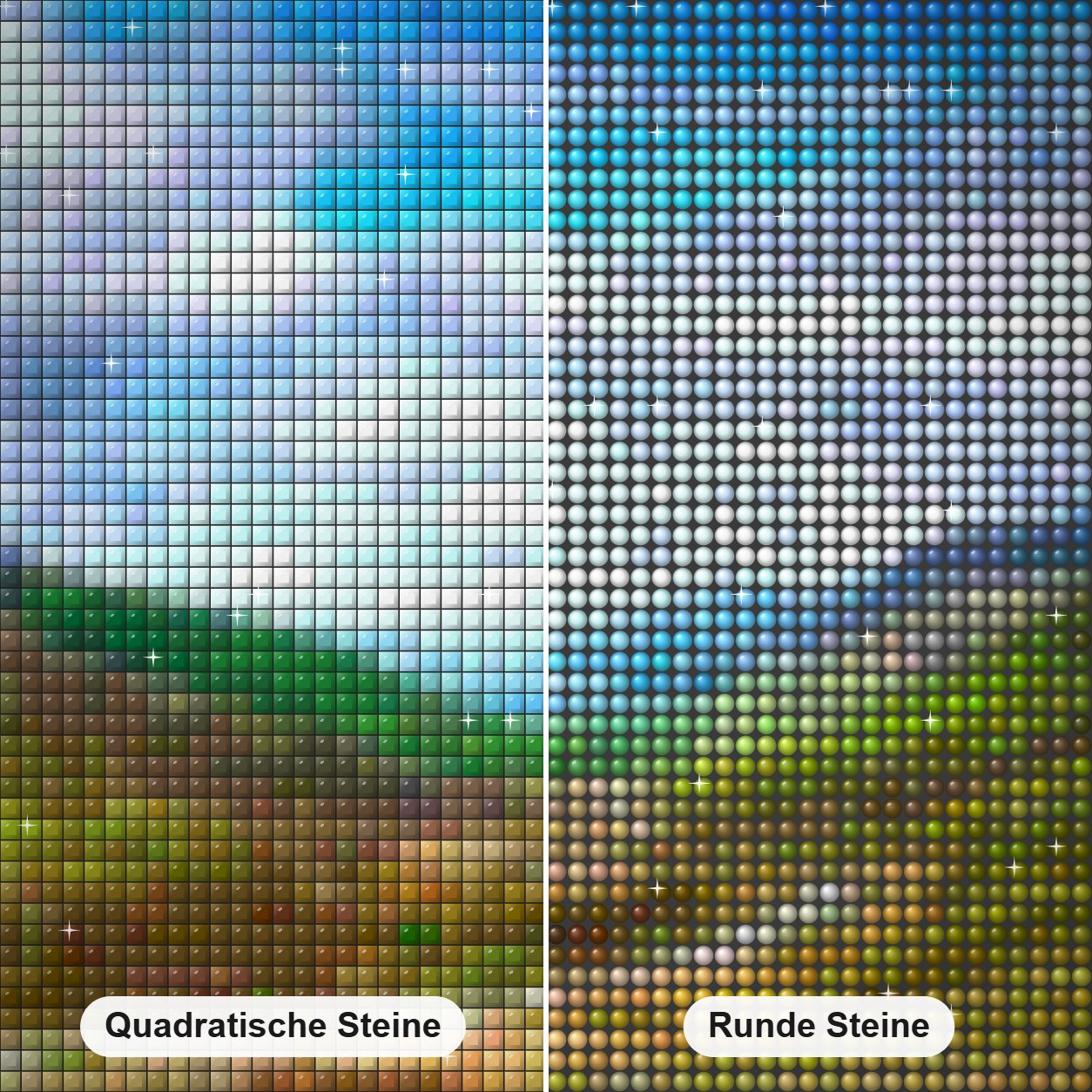 schottisches Hochland - Kunst des Denise Dundon Diamond Painting Nahaufnahme mit quadratischen und runden Steinen
