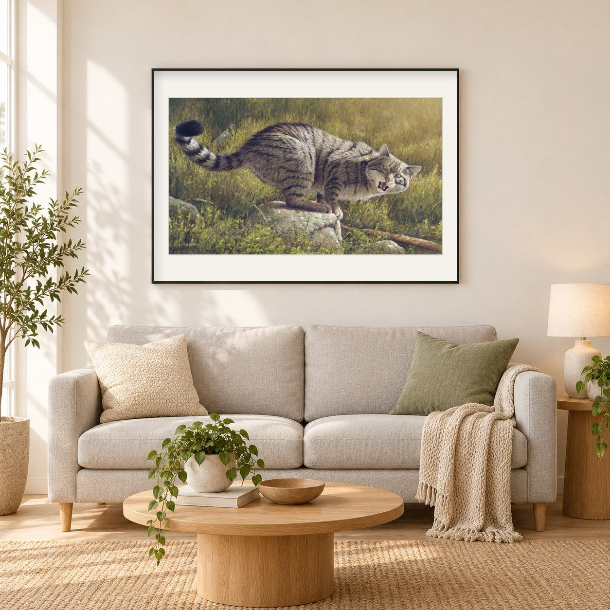 schottische Wildkatze -  Kunst des Eric Wilson als gerahmtes Diamond Painting im Wohnzimmer