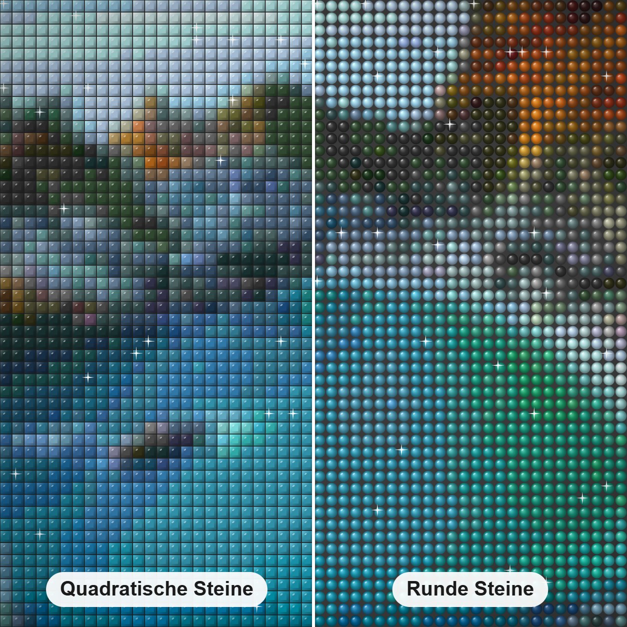 Seelandschaft Diamond Painting Nahaufnahme mit quadratischen und runden Steinen