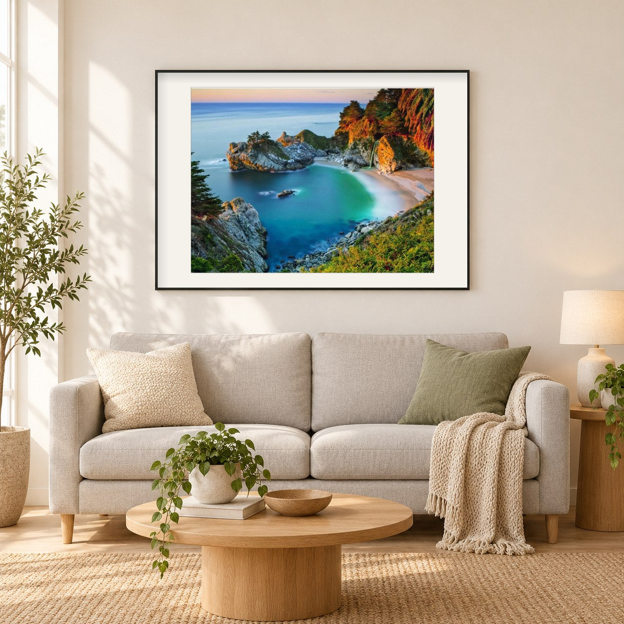 Seelandschaft als gerahmtes Diamond Painting im Wohnzimmer