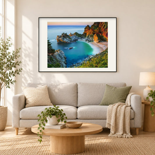 Seelandschaft als gerahmtes Diamond Painting im Wohnzimmer