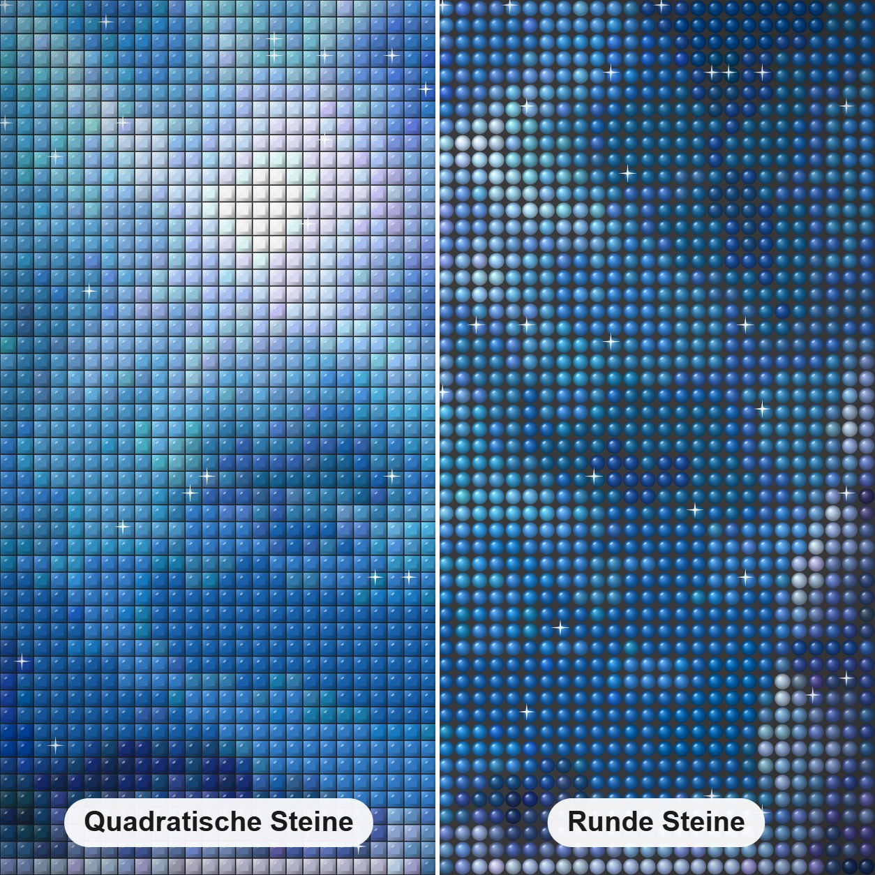 Segelschiff bei Nacht Diamond Painting Nahaufnahme mit quadratischen und runden Steinen