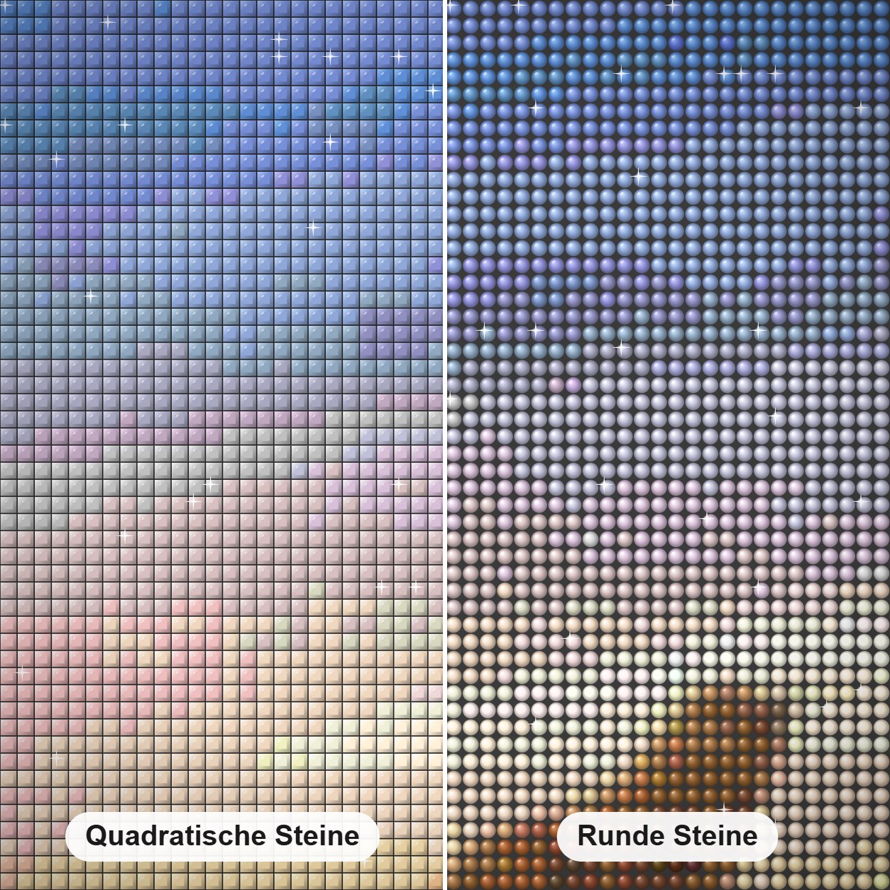 Serengeti Sonnenuntergang -  Kunst des Eric Wilson Diamond Painting Nahaufnahme mit quadratischen und runden Steinen
