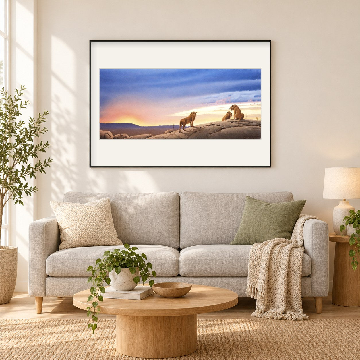 Serengeti Sonnenuntergang -  Kunst des Eric Wilson als gerahmtes Diamond Painting im Wohnzimmer