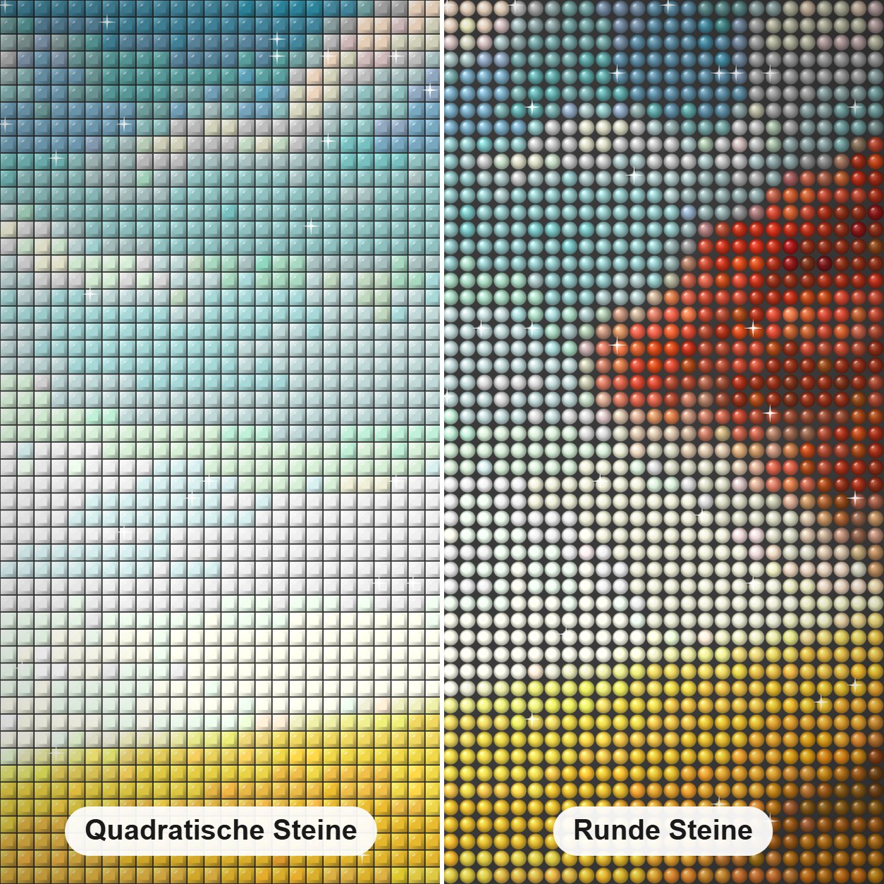 Schattensucher - Kunst des Liam Kelly Diamond Painting Nahaufnahme mit quadratischen und runden Steinen
