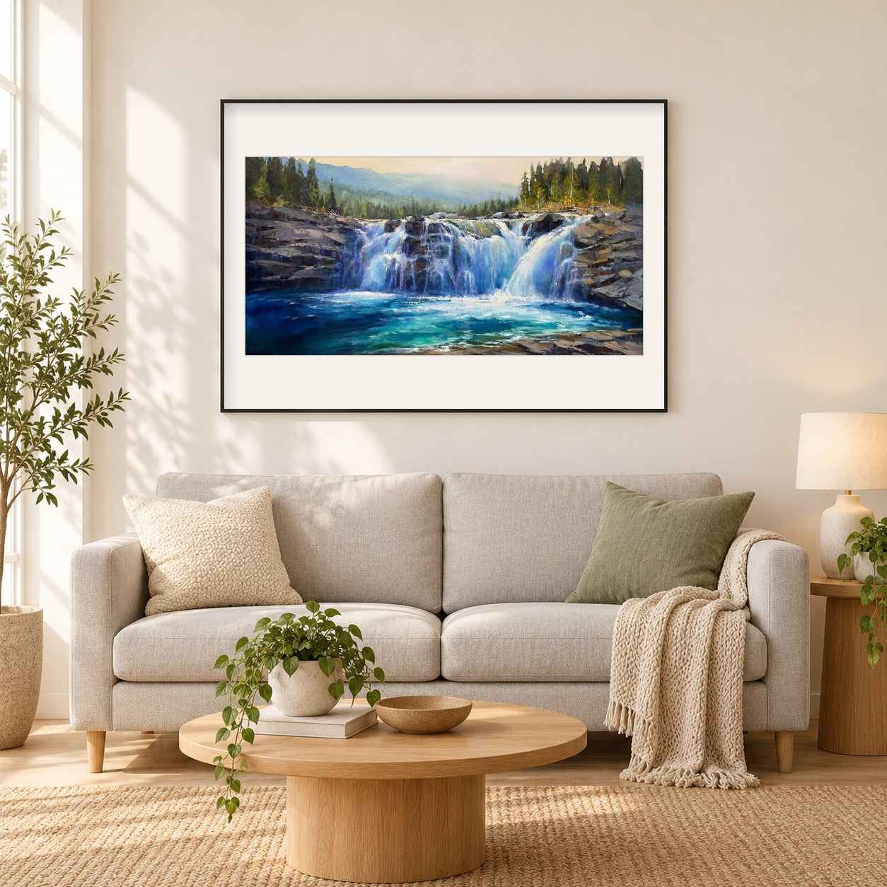 Sheep River Falls - Kunst des Linda Wilder als gerahmtes Diamond Painting im Wohnzimmer