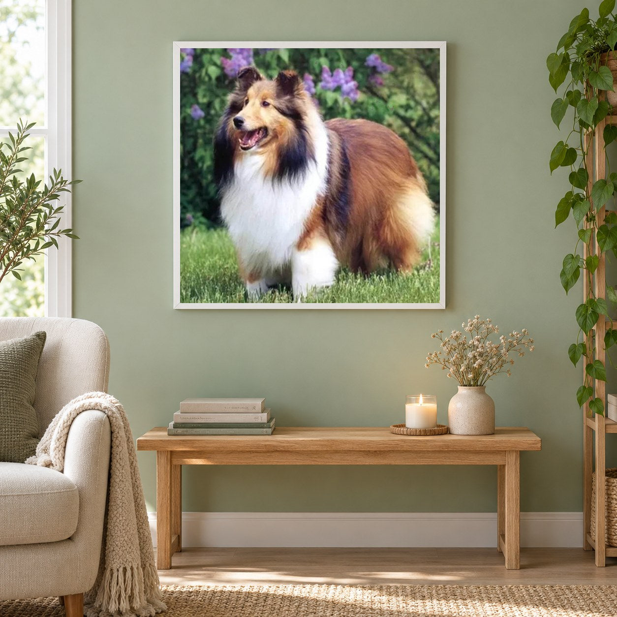 Sheltie als gerahmtes Diamond Painting im Wohnzimmer
