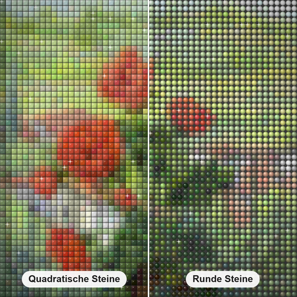 Fensterläden öffnen sich über dem Tal - Kunst des Guido Borelli Diamond Painting Nahaufnahme mit quadratischen und runden Steinen