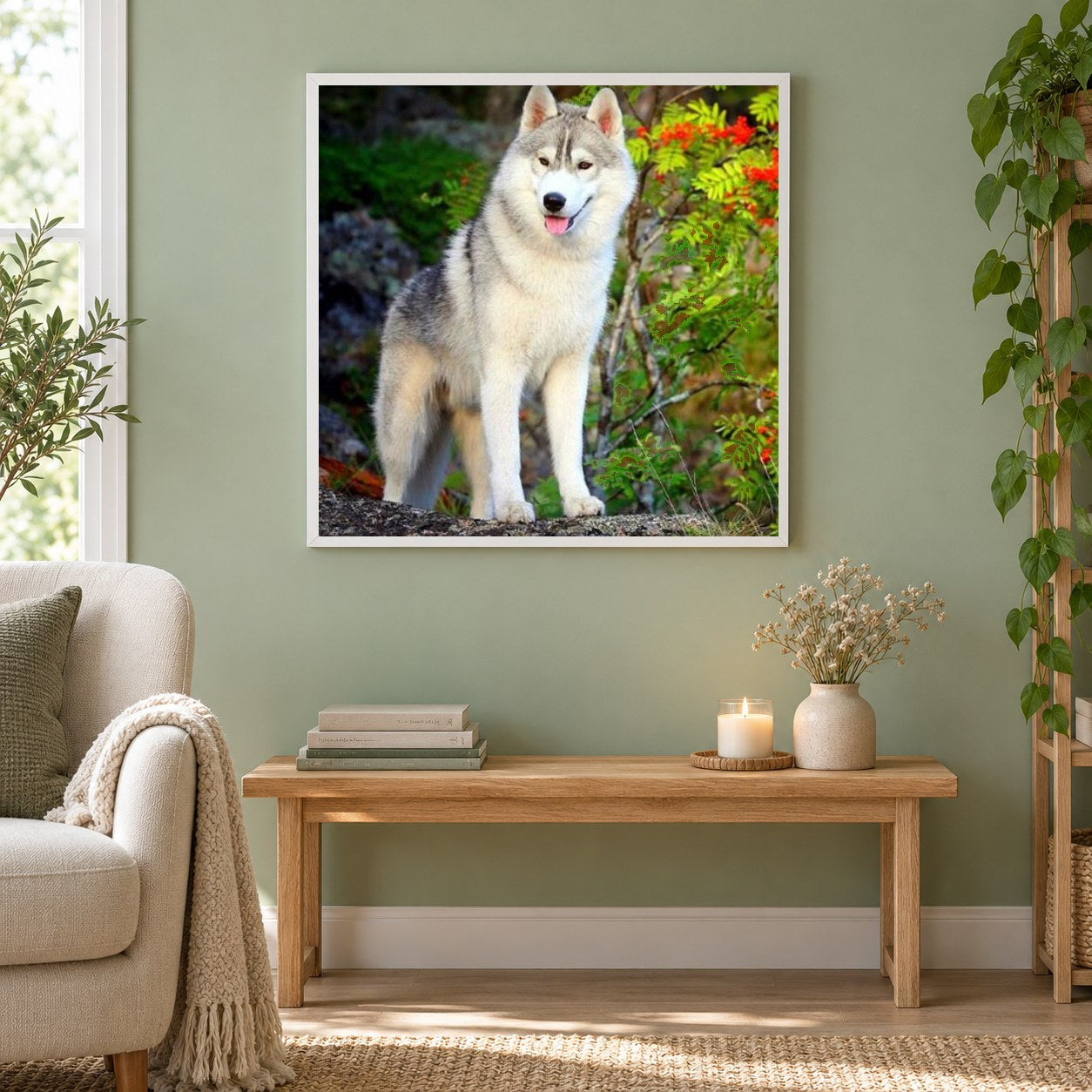 Siberian Husky als gerahmtes Diamond Painting im Wohnzimmer