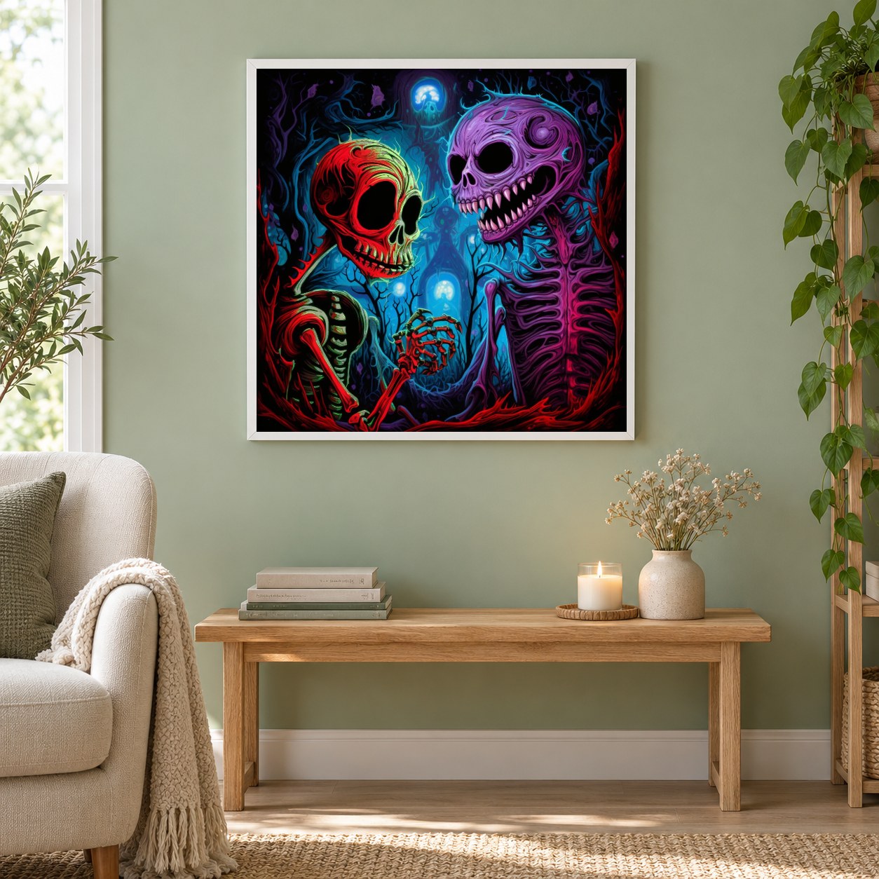 Skelett-Treffen – Diamantkunst als gerahmtes Diamond Painting im Wohnzimmer