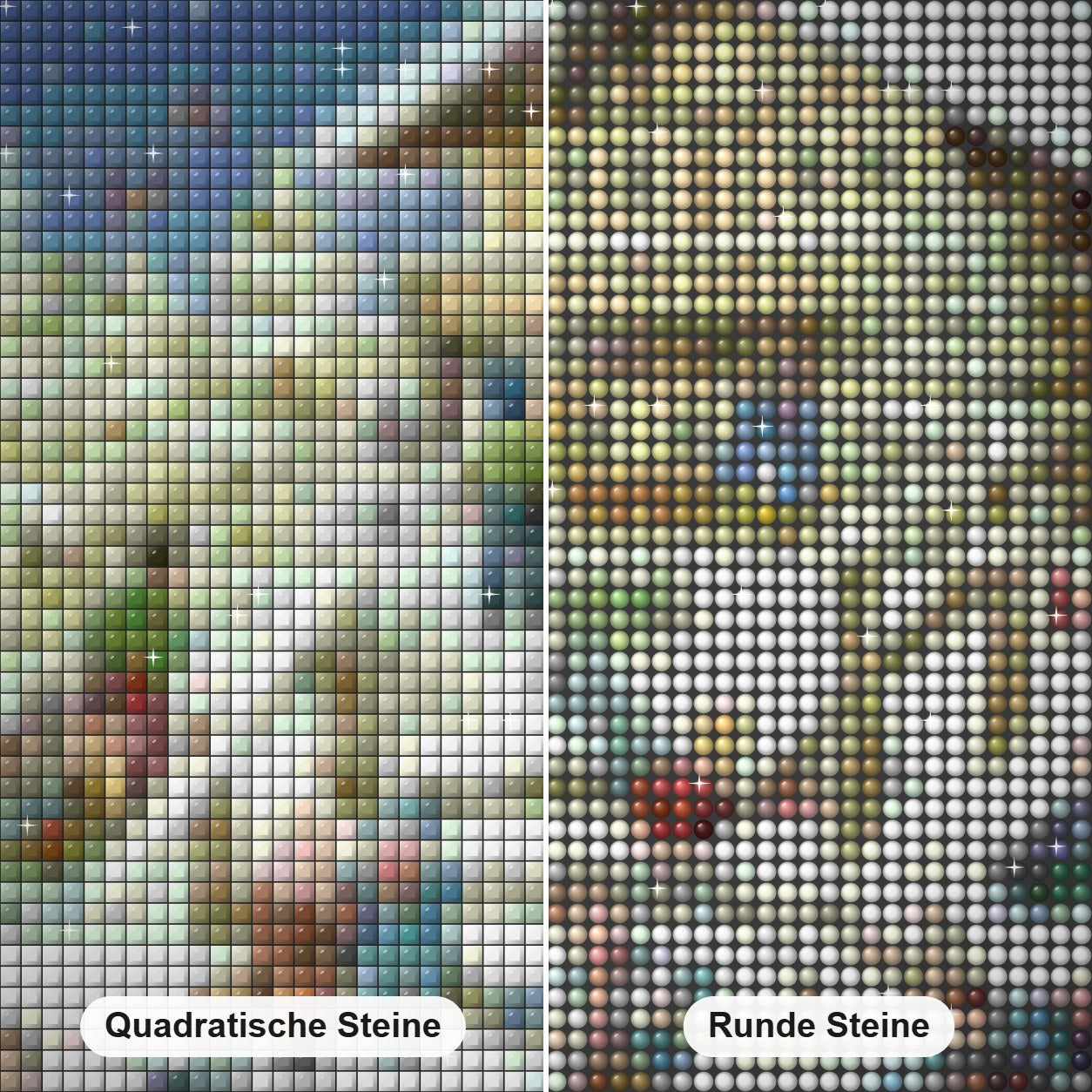 Skihütte - Kunst des Barbara Behr Diamond Painting Nahaufnahme mit quadratischen und runden Steinen