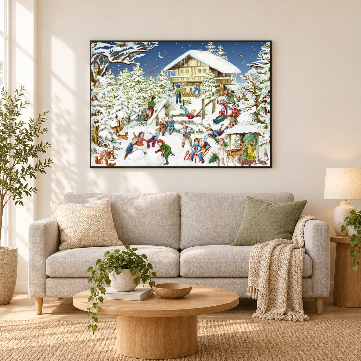 Skihütte - Kunst des Barbara Behr als gerahmtes Diamond Painting im Wohnzimmer