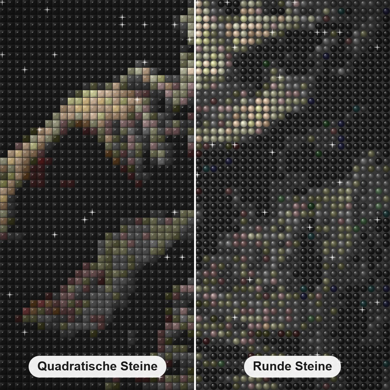 Schädel in tiefem Nachdenken Diamond Painting Nahaufnahme mit quadratischen und runden Steinen