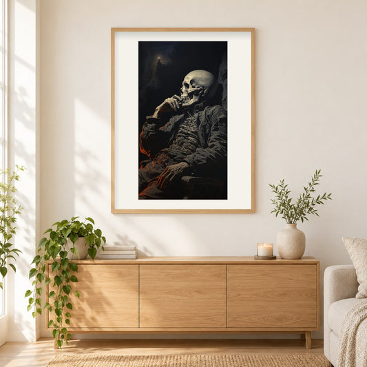 Schädel in tiefem Nachdenken als gerahmtes Diamond Painting im Wohnzimmer