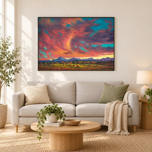 Himmelsleiter - Kunst des Jonn Einerssen als gerahmtes Diamond Painting im Wohnzimmer