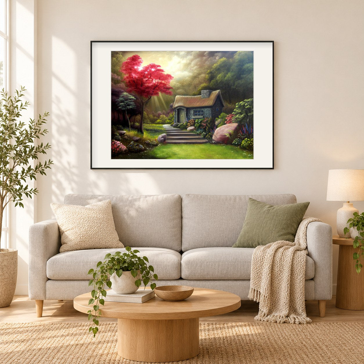 Stück Eden - Kunst des Liam Kelly als gerahmtes Diamond Painting im Wohnzimmer