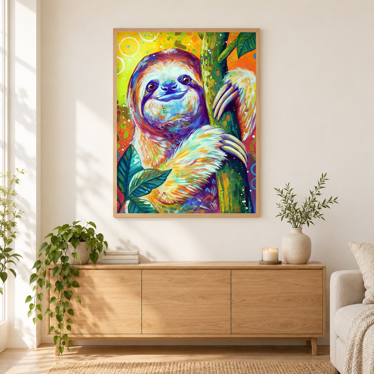 Faultier ist einfach chillin - Kunst des Sandra Trubin als gerahmtes Diamond Painting im Wohnzimmer
