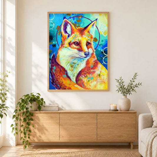 lächelnder Fuchs - Kunst des Sandra Trubin als gerahmtes Diamond Painting im Wohnzimmer