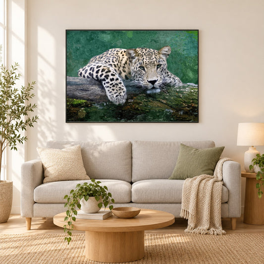 Schneeleopard - Kunst des Denise Dundon als gerahmtes Diamond Painting im Wohnzimmer