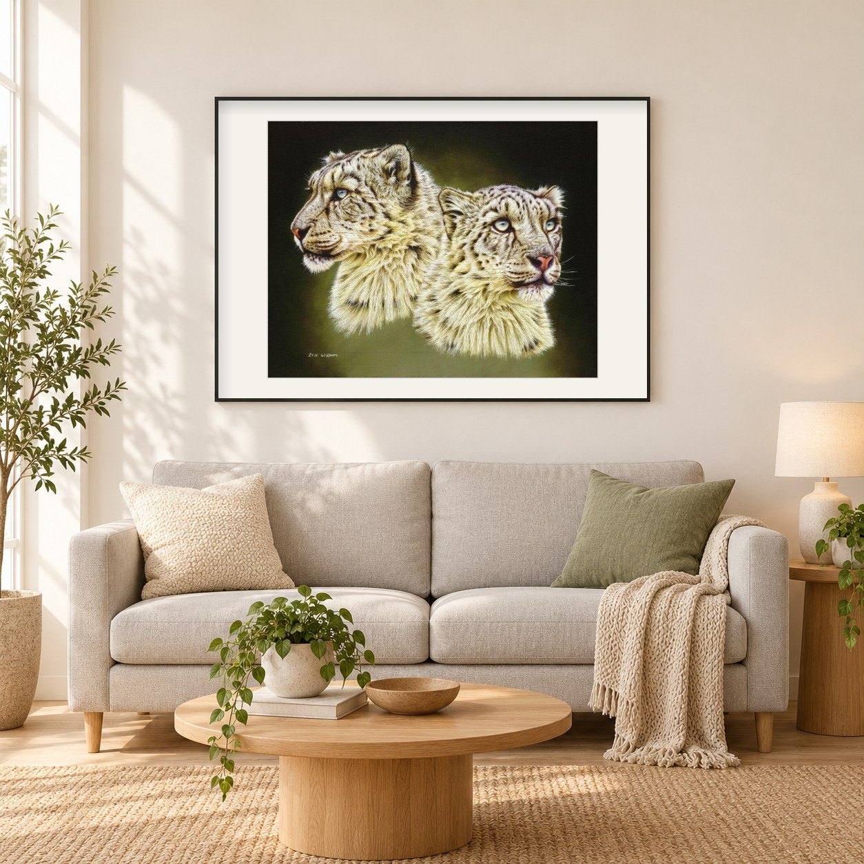 Schneeleoparden -  Kunst des Eric Wilson als gerahmtes Diamond Painting im Wohnzimmer
